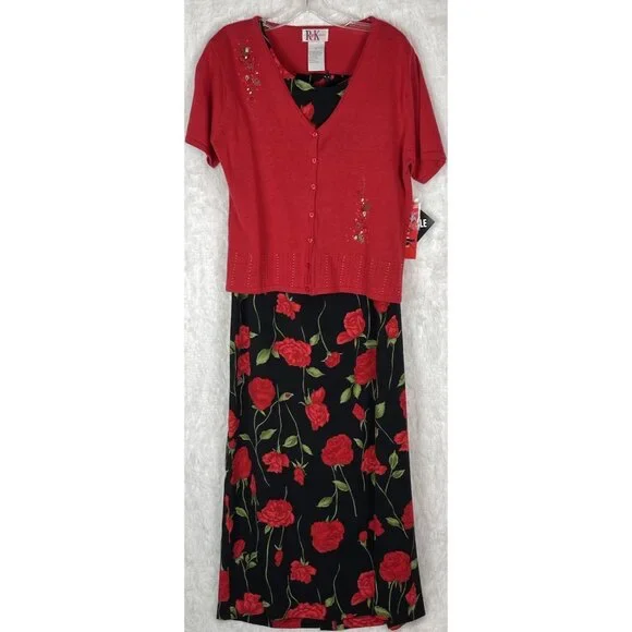NWT R&K Original Size 12 2 Piece Dress & Cardigan Red Black Floral Embroidered - Picture 1 of 11
